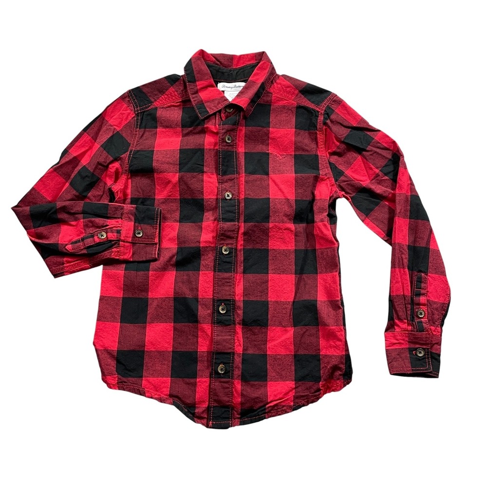Tommy Bahama Medium 7/8 Red Plaid Long Sleeve‎ Boys 100% Cotton Button Up Shirt